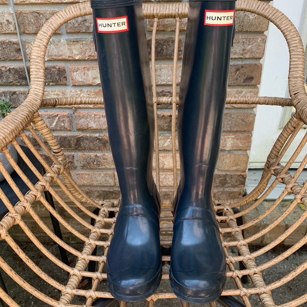 Tall navy blue glossy hunter boots